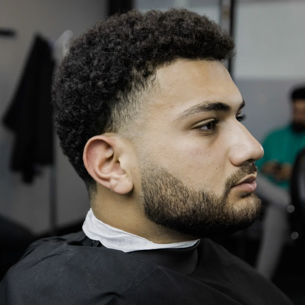 Curly top with a fade and sculpted beard, three-quarter view
